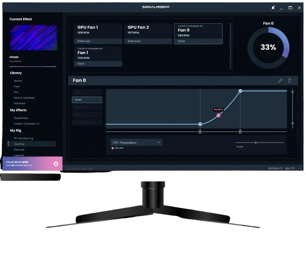 SignalRGB fan curve editor with RPM readouts and thermal monitoring panel